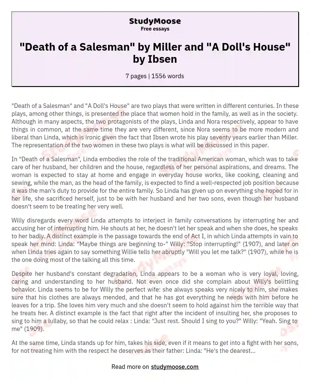 "Death of a Salesman" by Miller and "A Doll's House" by Ibsen