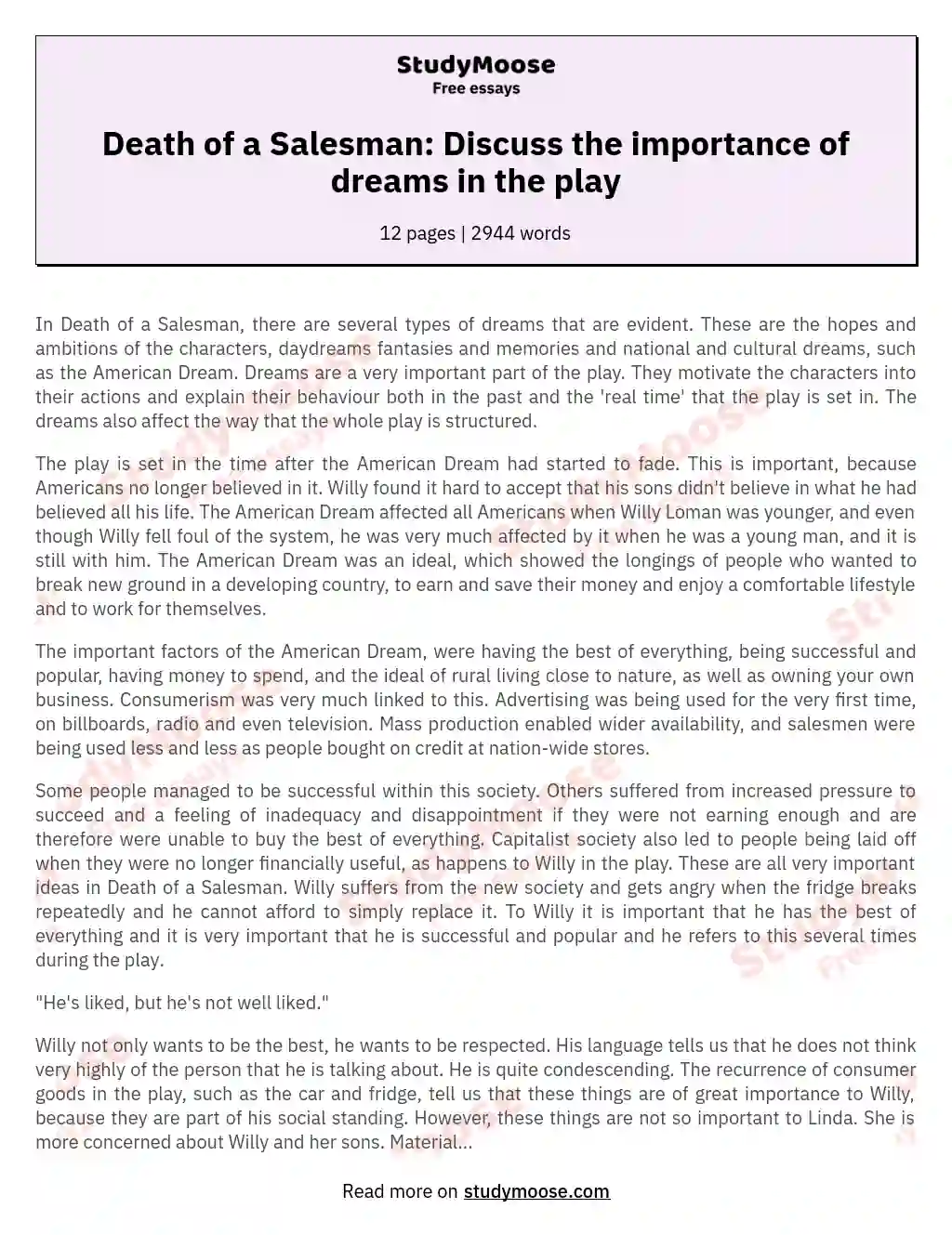 Death of a Salesman: Discuss the importance of dreams in the play essay
