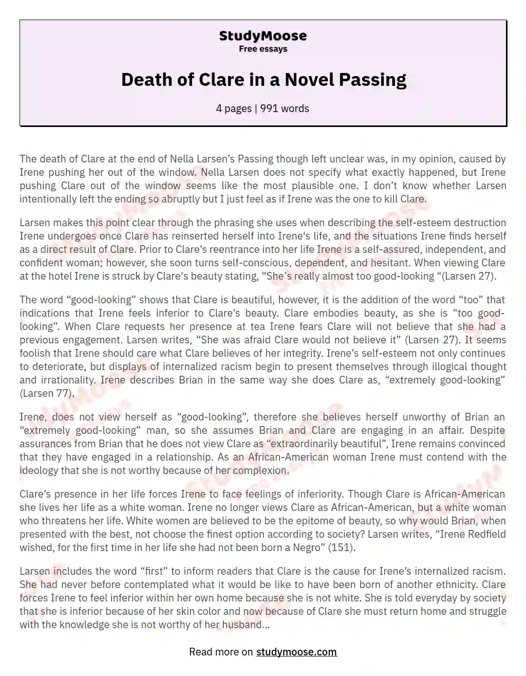 Death of Clare in a Novel Passing