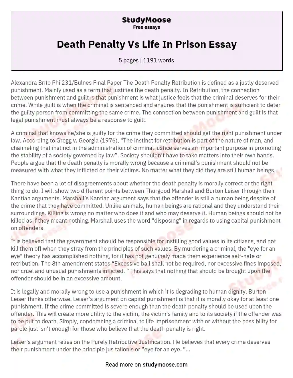 Death Penalty Vs Life In Prison Essay