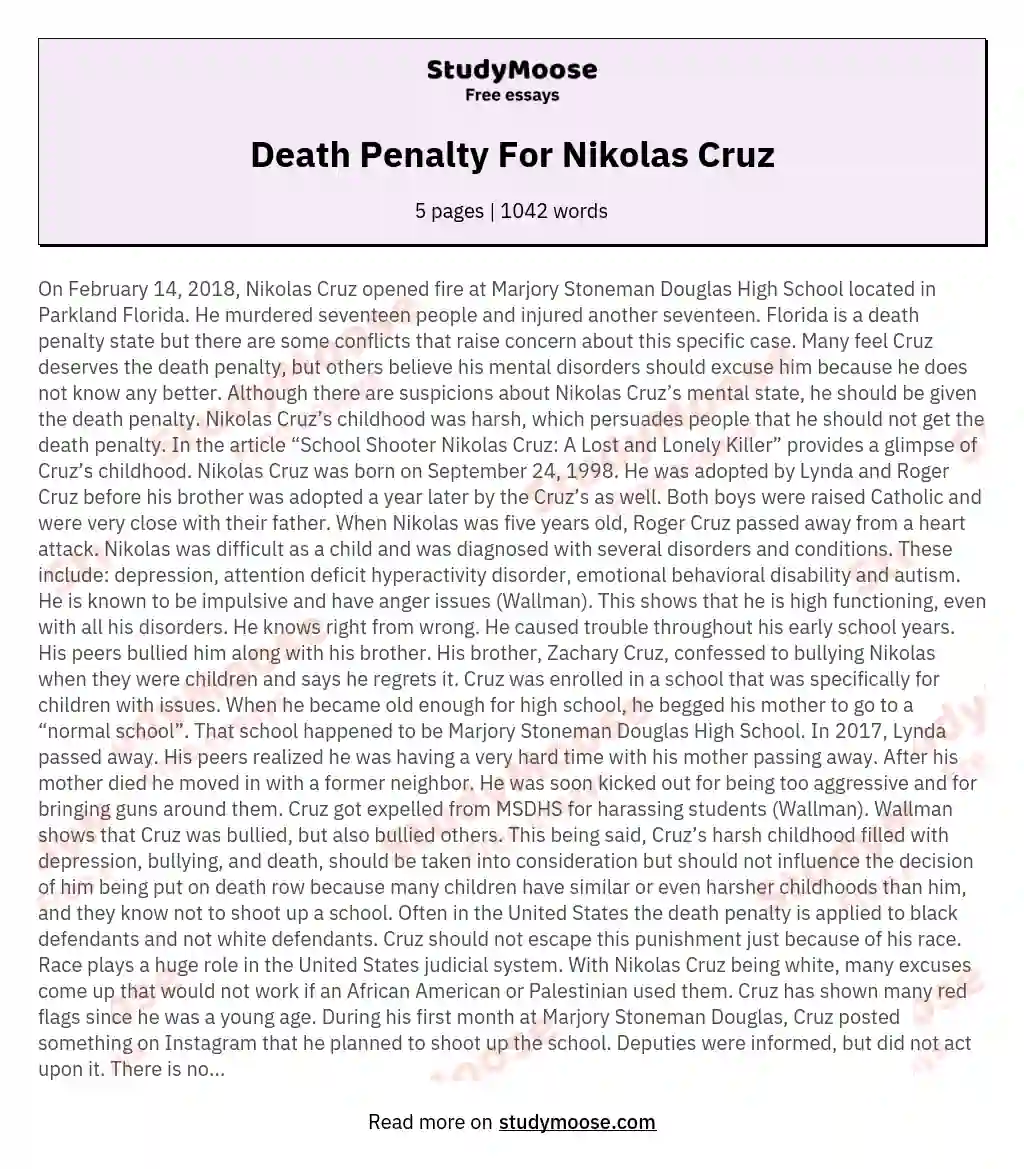 Death Penalty For Nikolas Cruz essay
