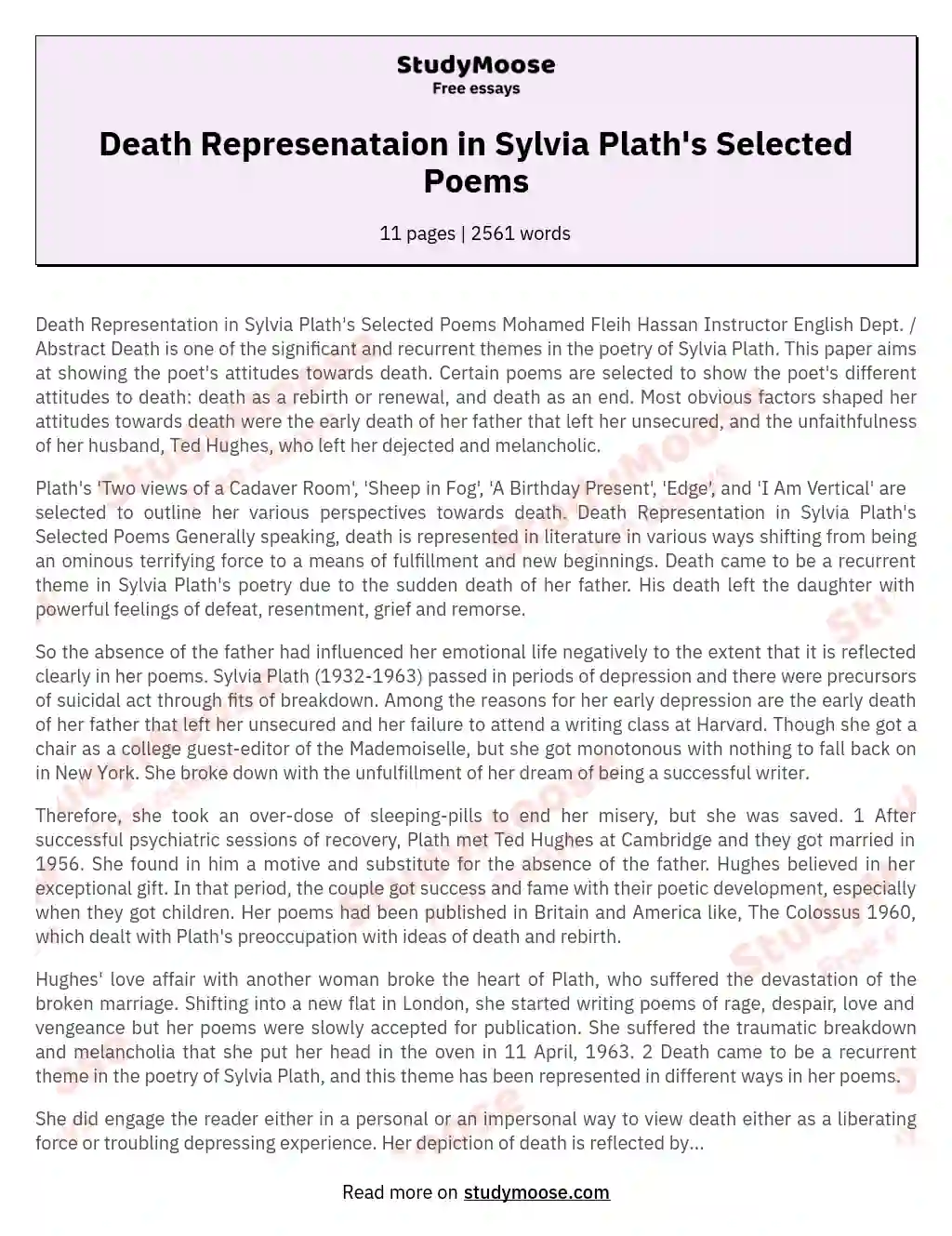 Death Represenataion in Sylvia Plath's Selected Poems