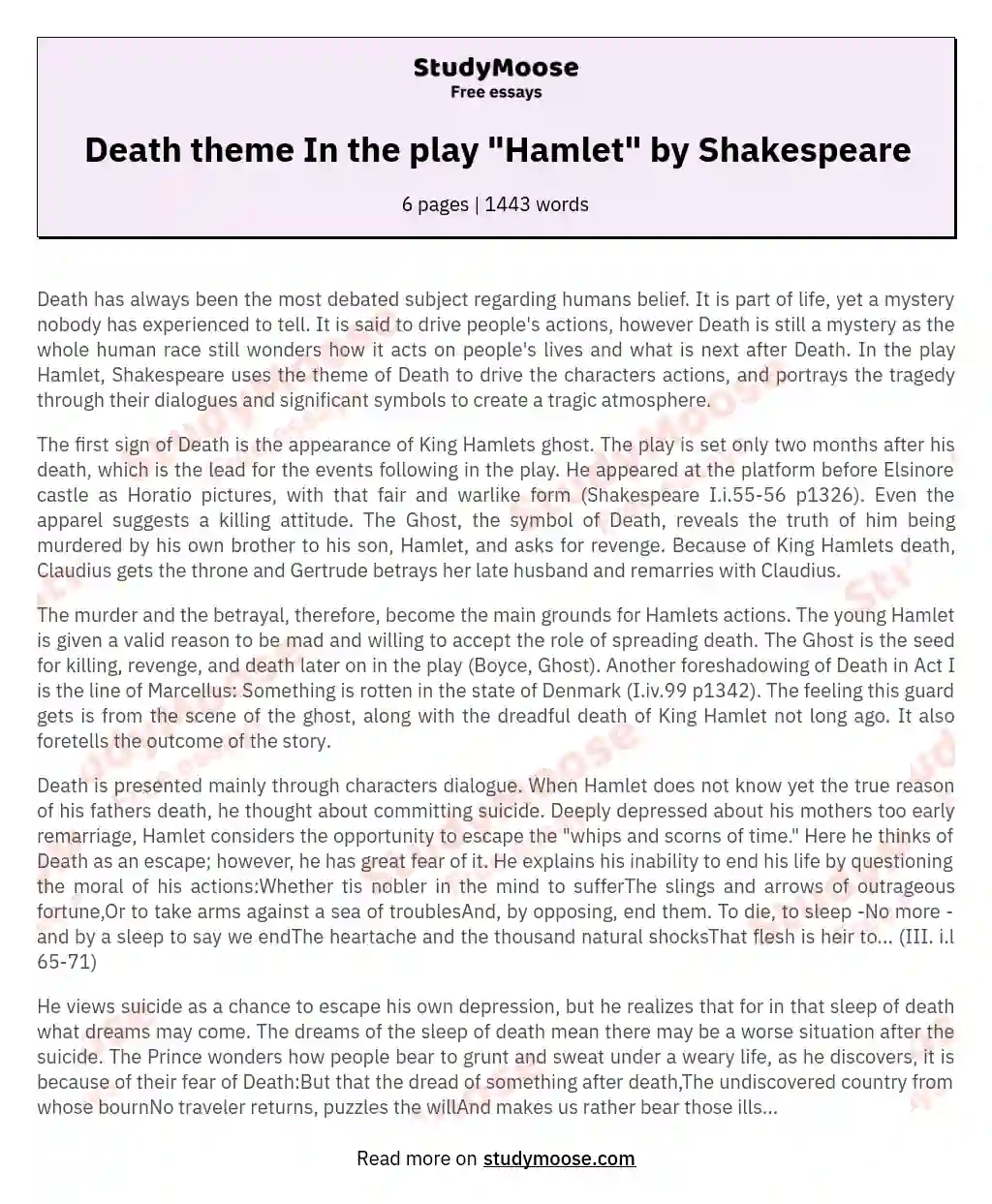 Death theme In the play "Hamlet" by Shakespeare essay
