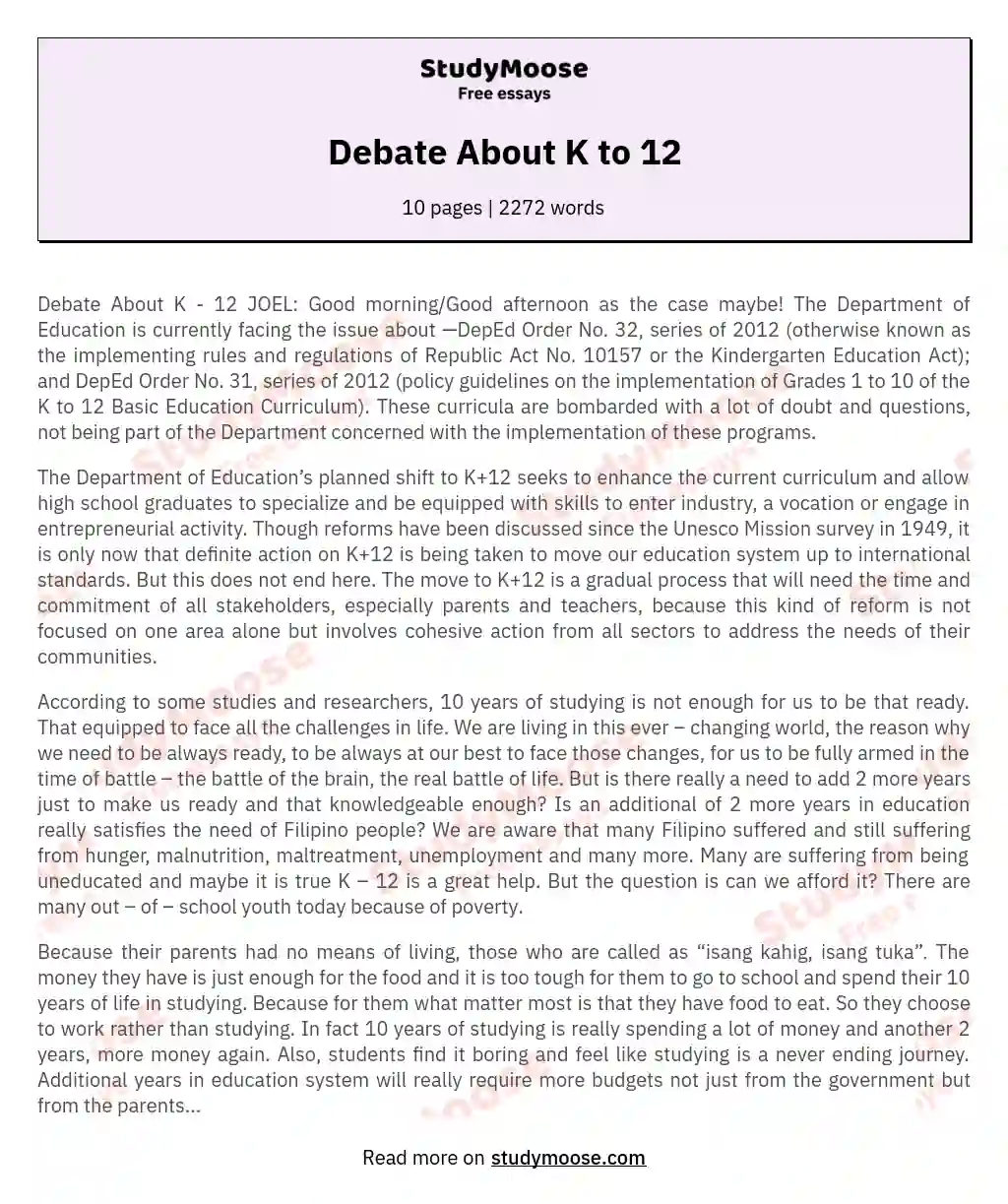 Debate About K to 12 essay