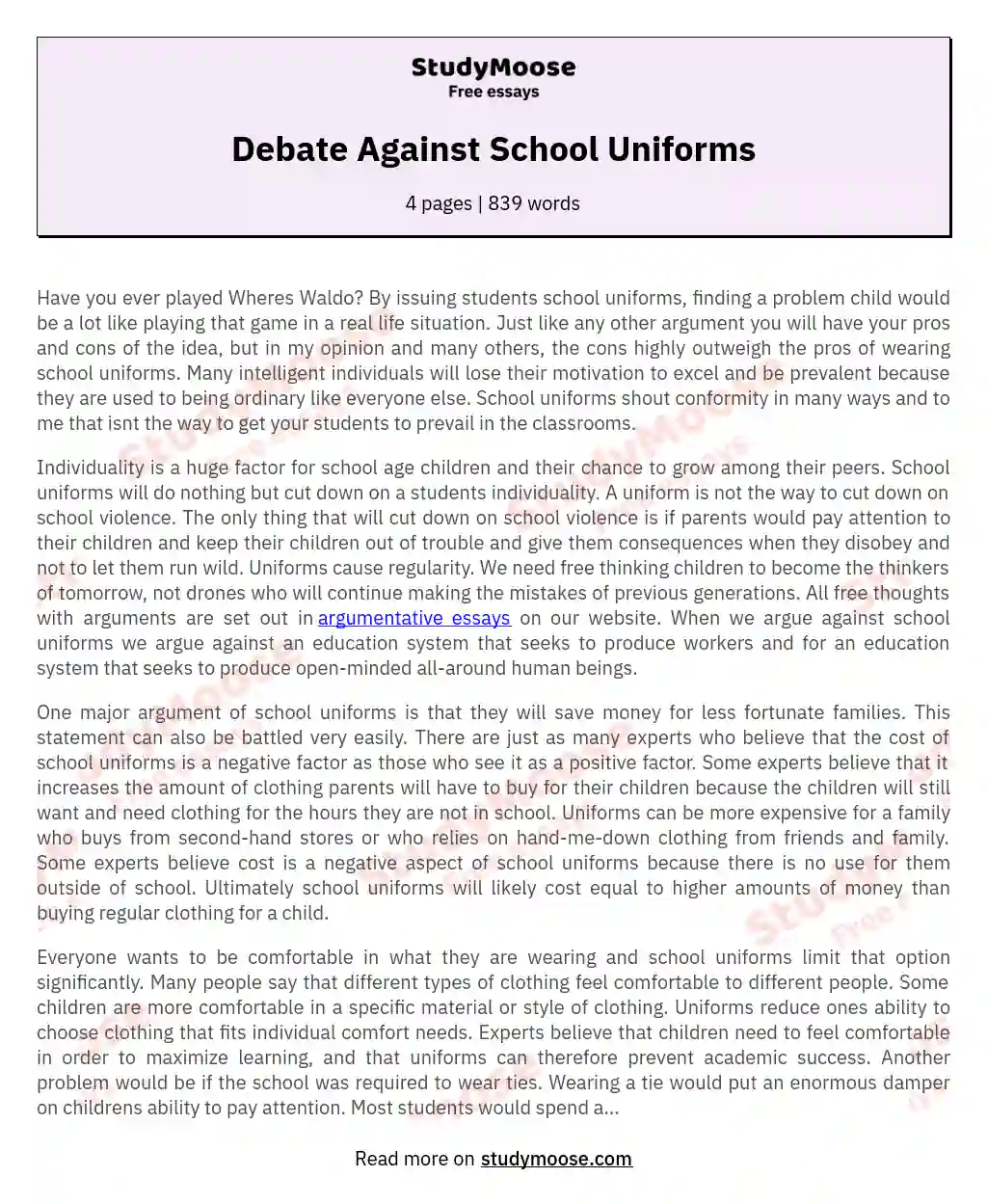 Debate Against School Uniforms essay