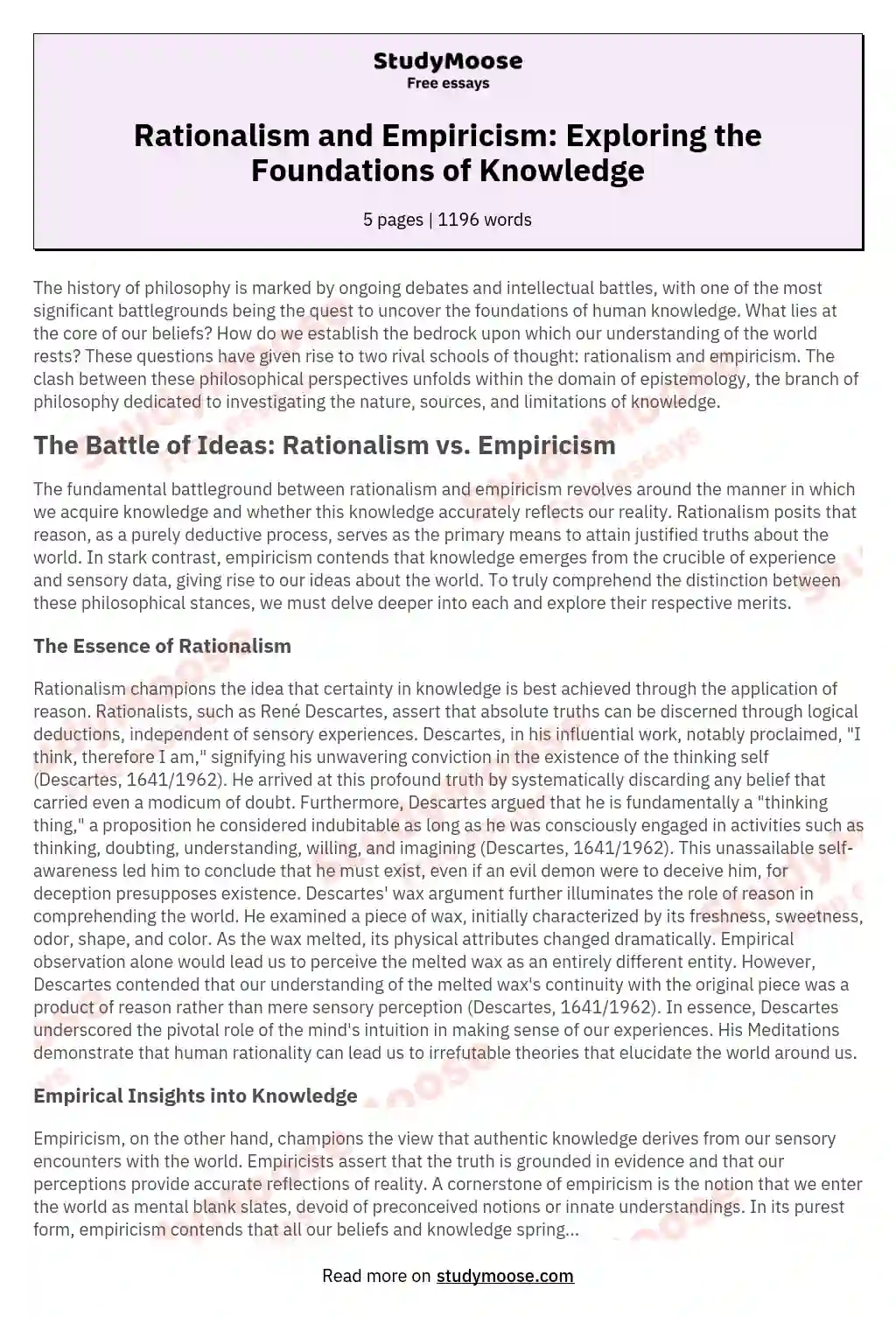 Rationalism and Empiricism: Exploring the Foundations of Knowledge essay