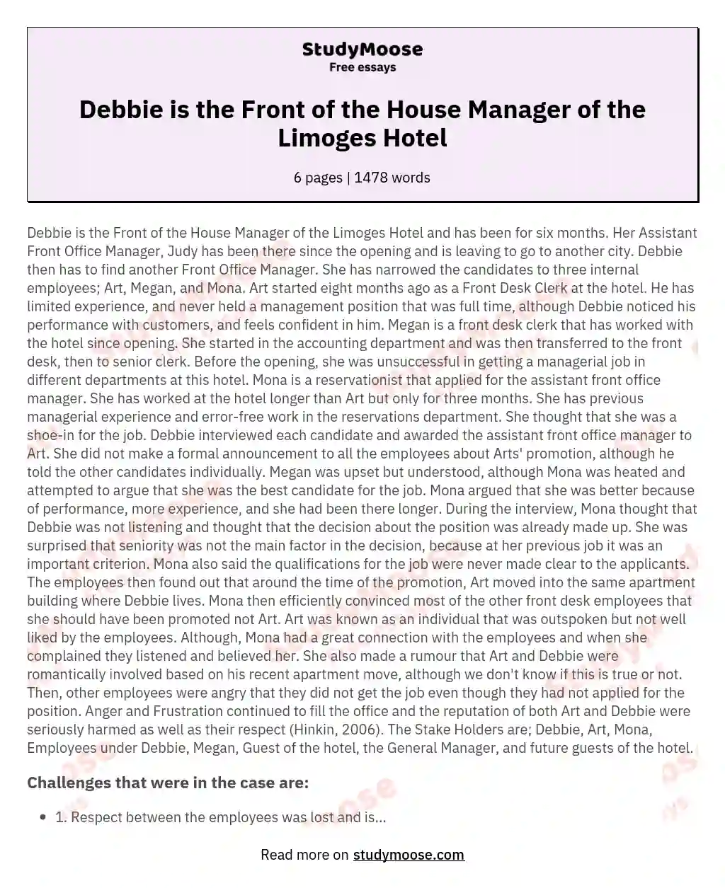 Debbie is the Front of the House Manager of the Limoges Hotel essay