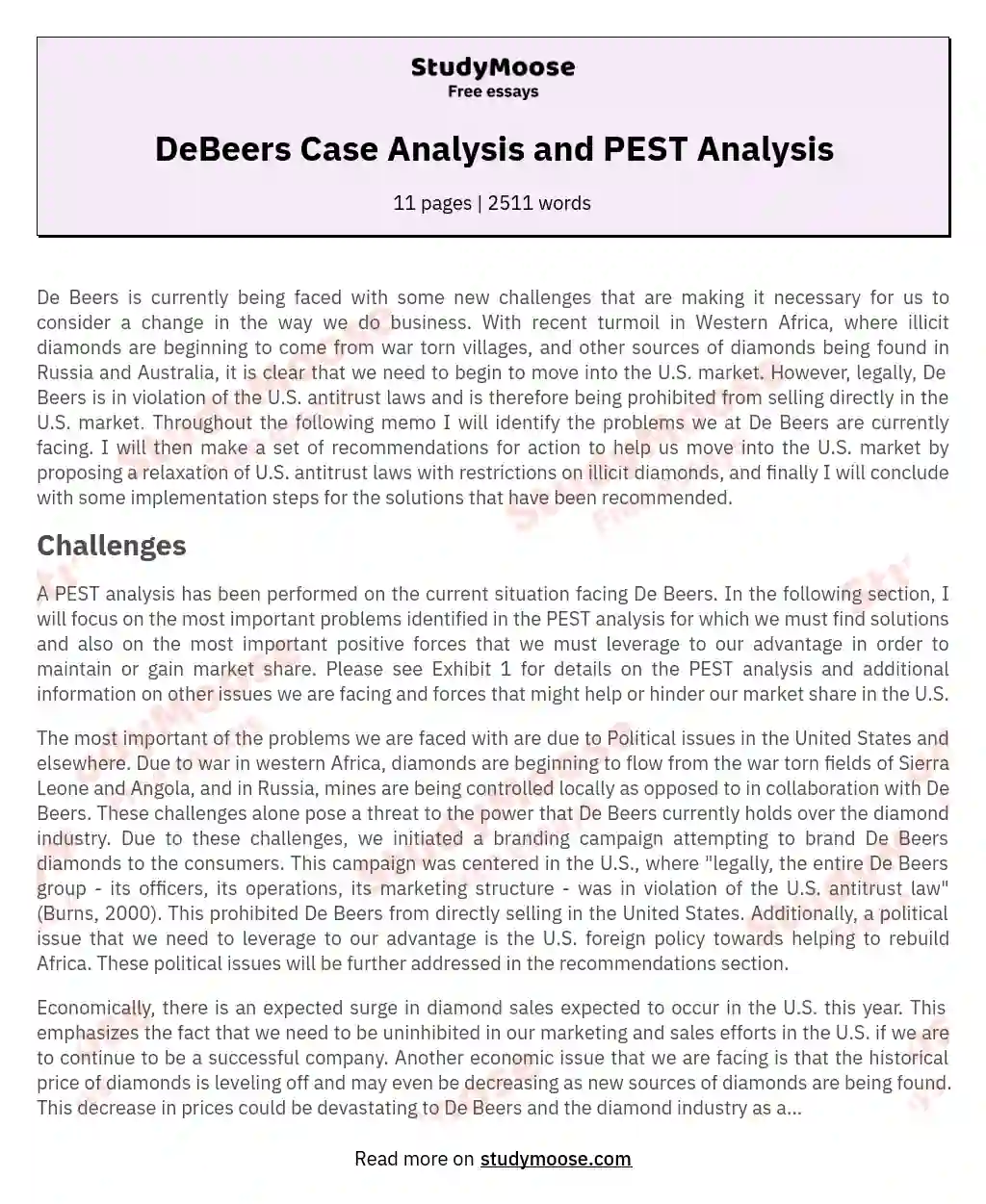 DeBeers Case Analysis and PEST Analysis essay