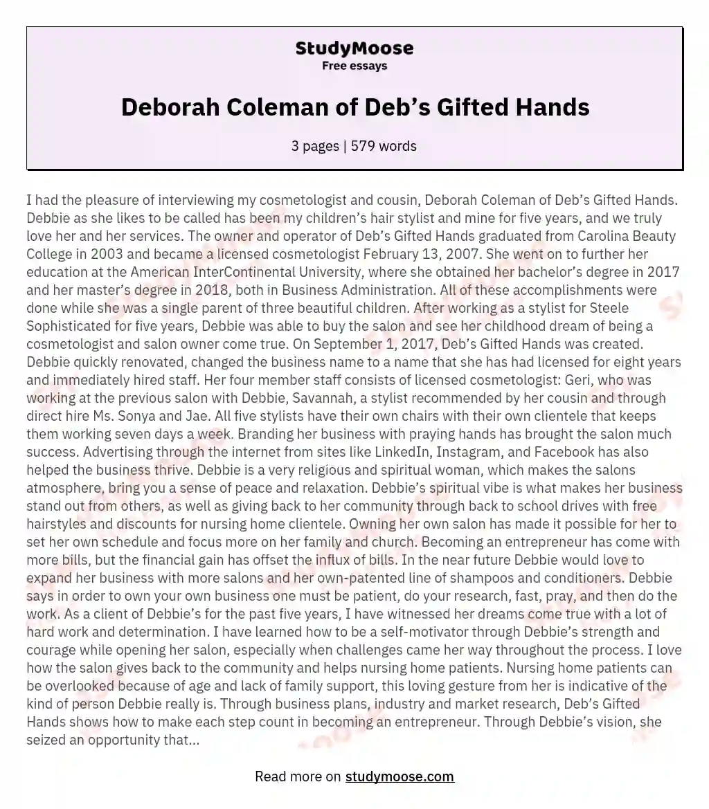 Deborah Coleman of Deb’s Gifted Hands essay