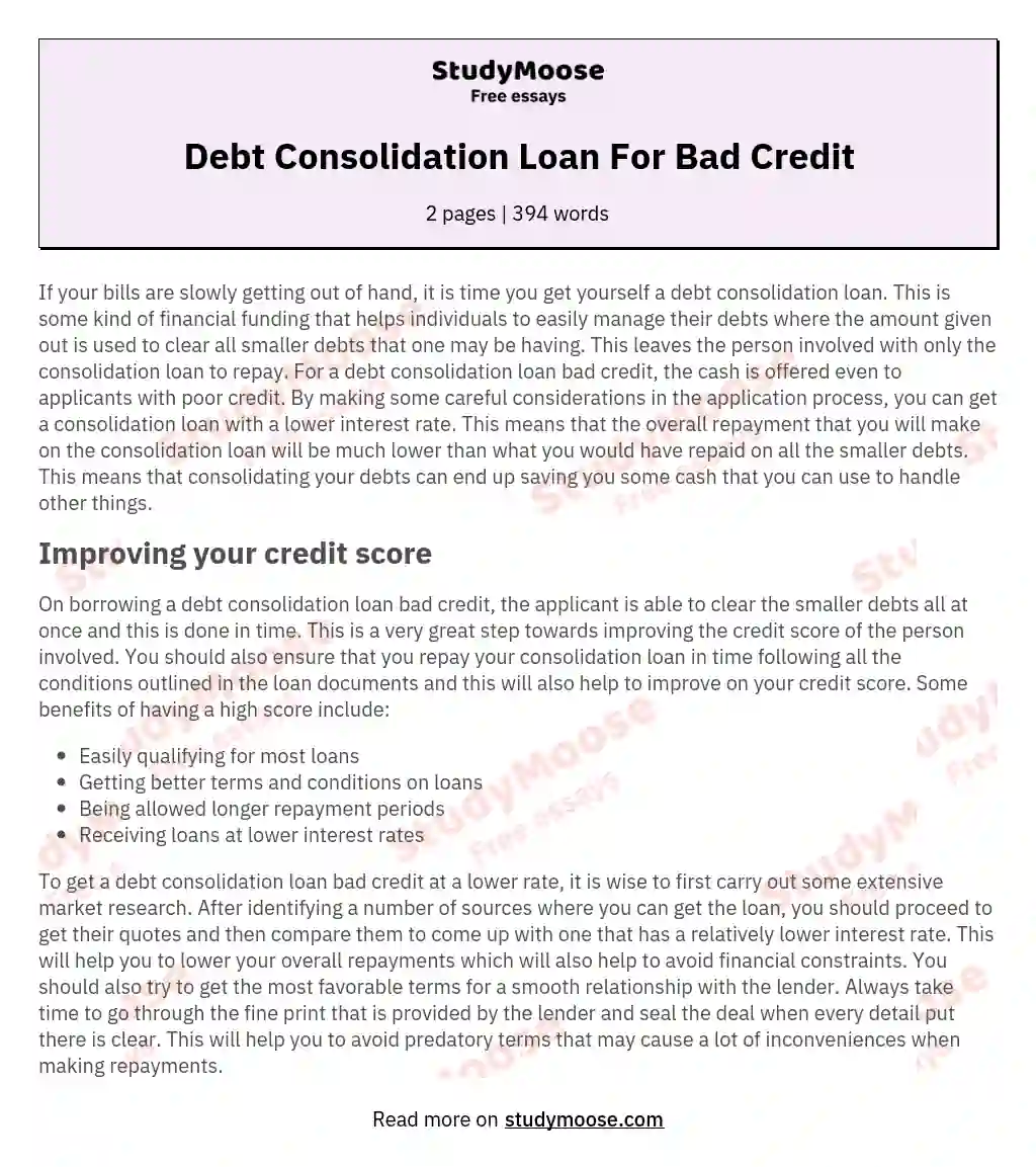 Debt Consolidation Loan For Bad Credit Free Essay Example