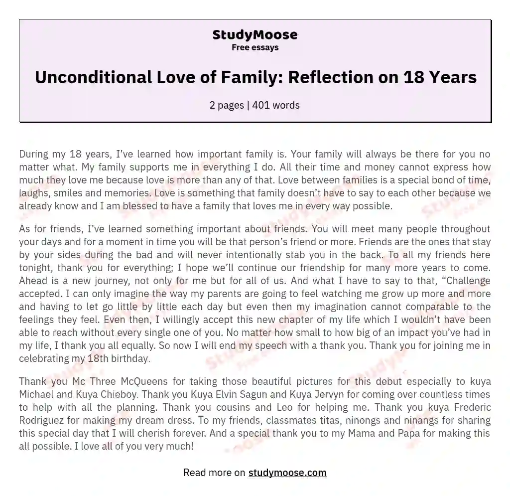 Unconditional Love of Family: Reflection on 18 Years essay