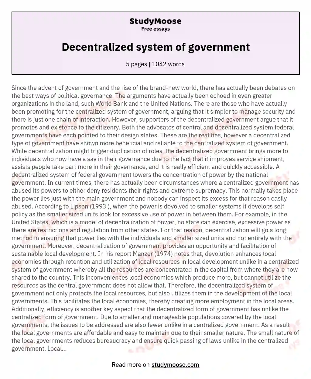 Decentralized system of government essay