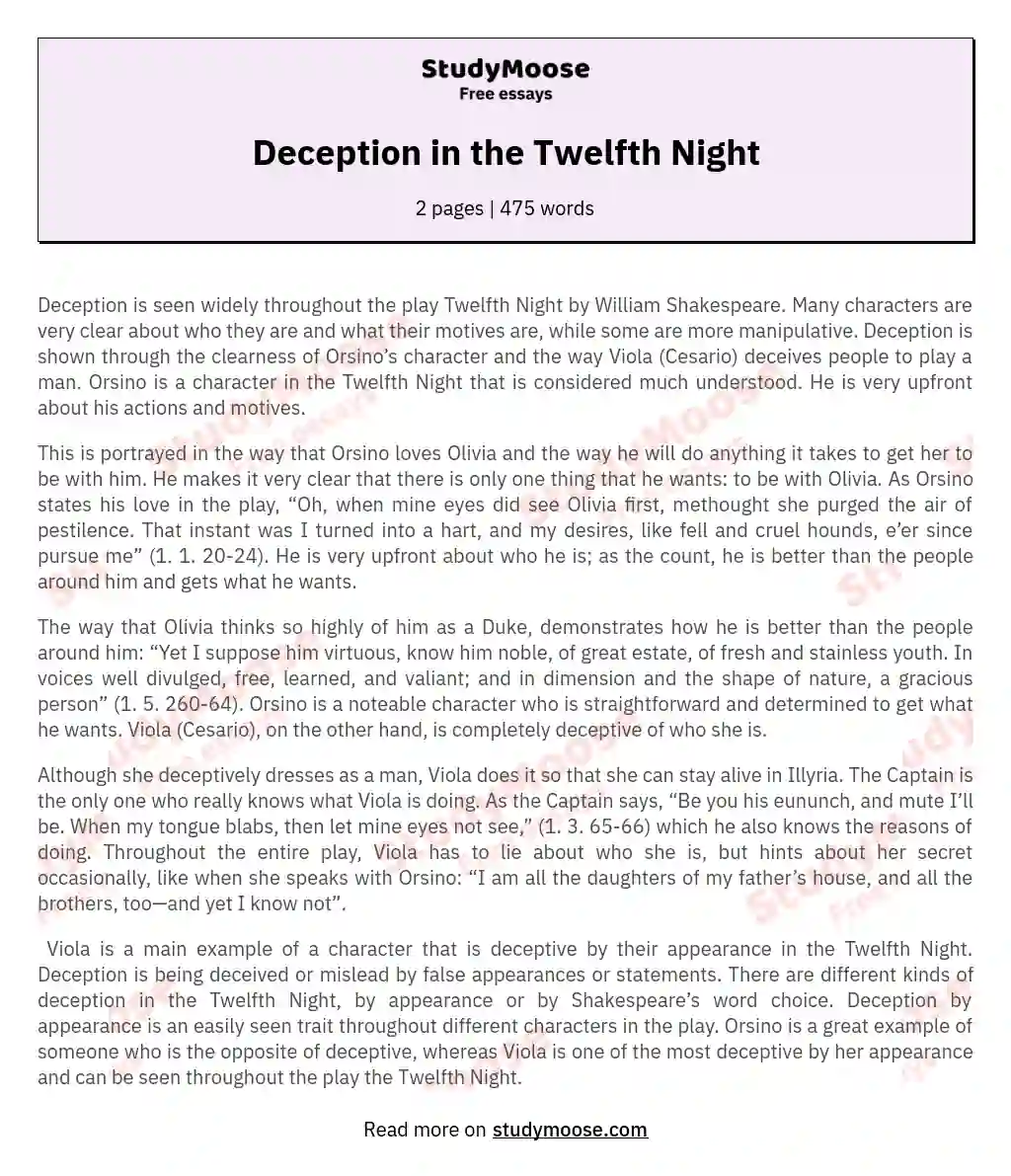 Deception in the Twelfth Night essay