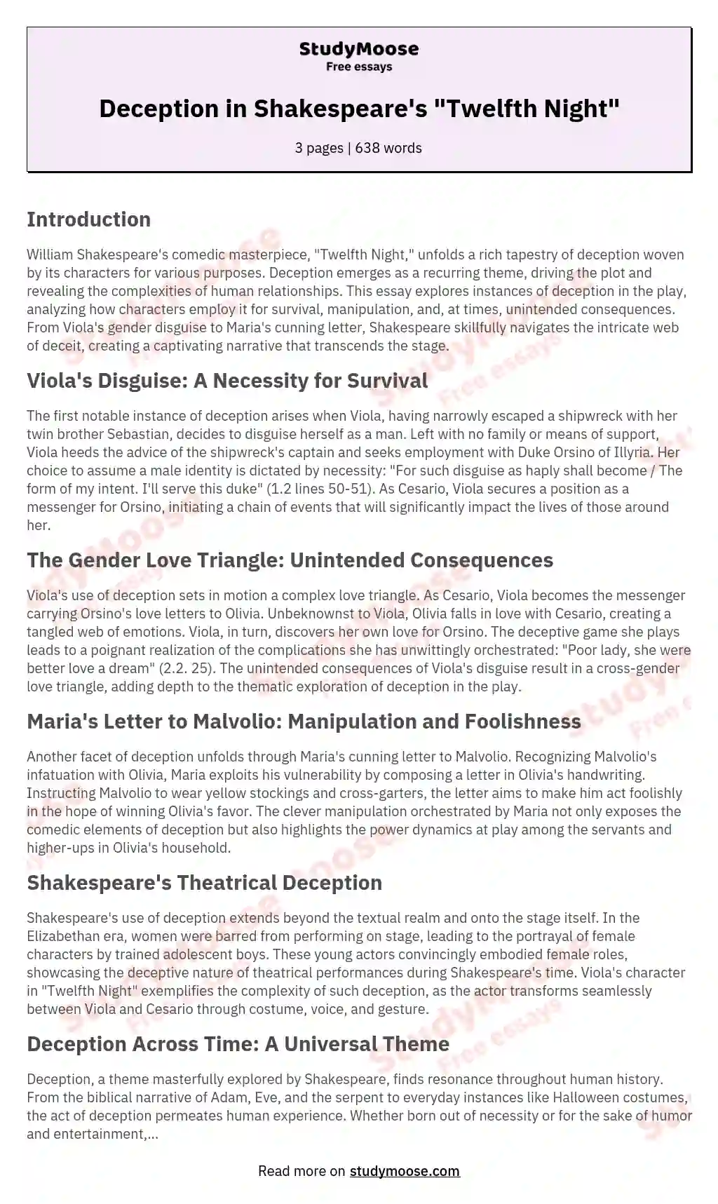 Deception in Shakespeare's "Twelfth Night" essay