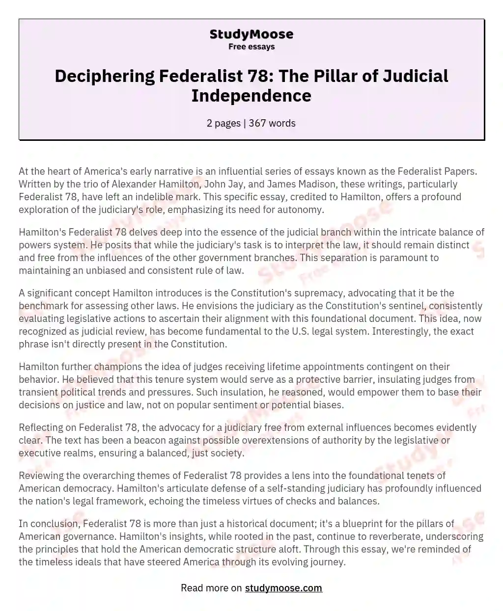 Deciphering Federalist 78: The Pillar of Judicial Independence essay