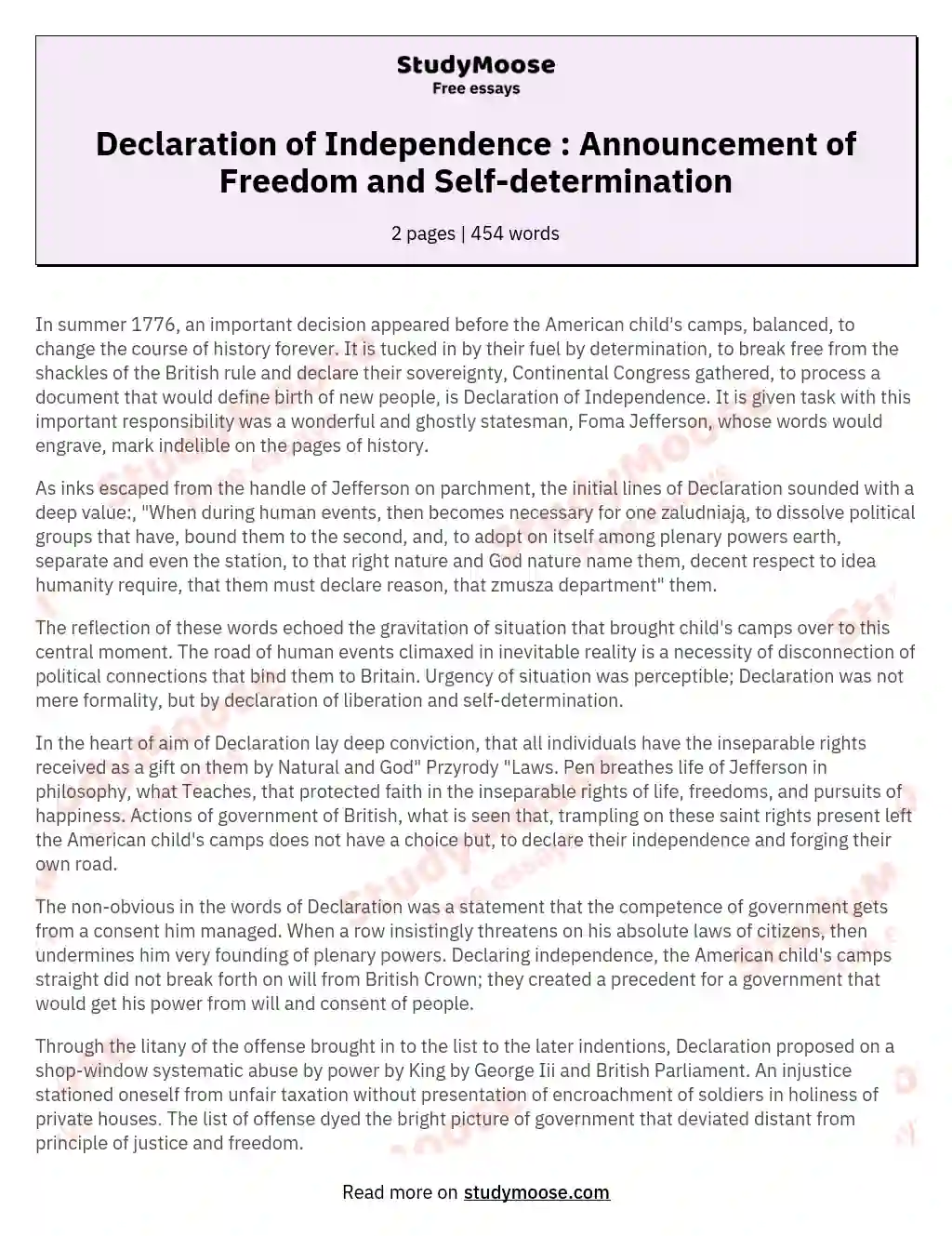Declaration of Independence : Announcement of Freedom and Self-determination essay