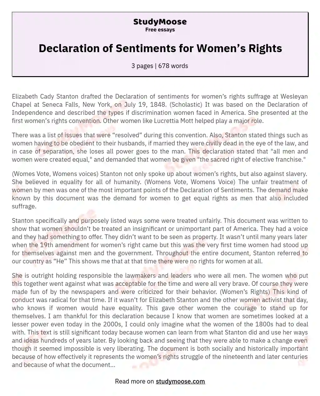 Declaration of Sentiments for Women’s Rights