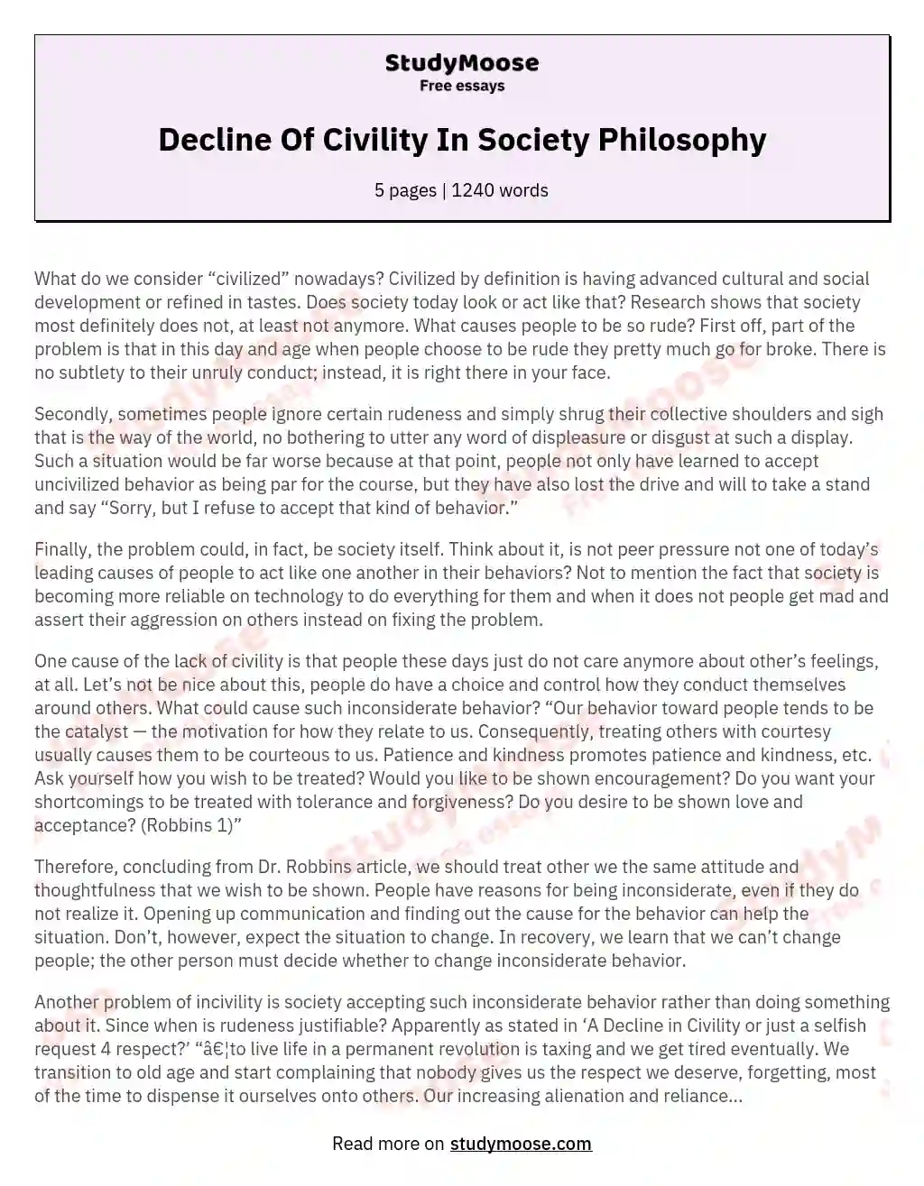 Decline Of Civility In Society Philosophy essay