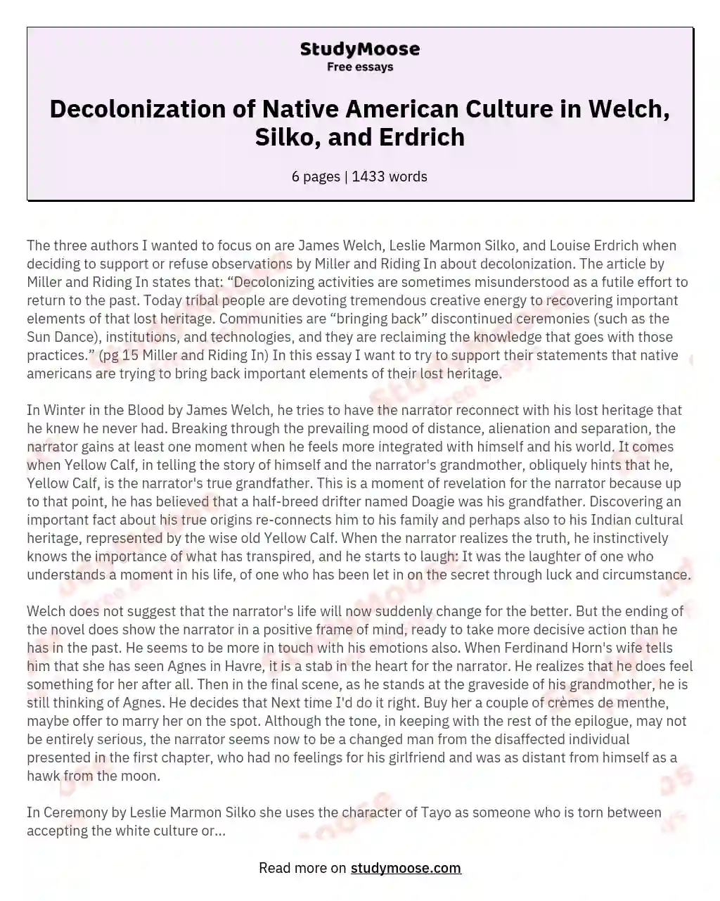 Decolonization of Native American Culture in Welch, Silko, and Erdrich essay
