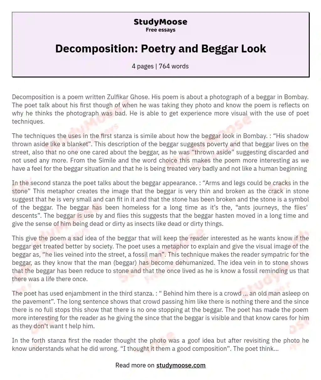 Decomposition: Poetry and Beggar Look essay