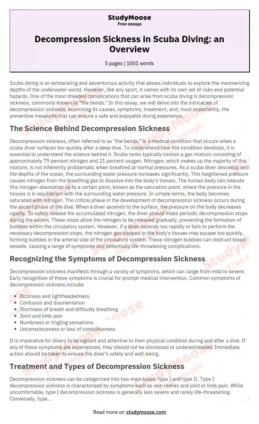Decompression Sickness in Scuba Diving: an Overview essay