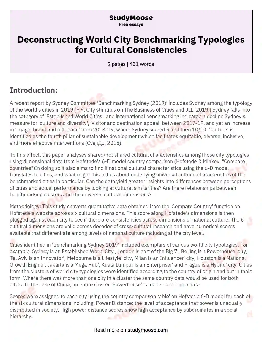 Deconstructing World City Benchmarking Typologies for Cultural Consistencies essay