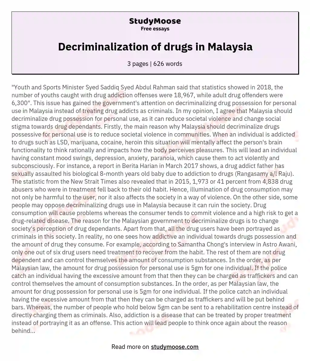 Decriminalization of drugs in Malaysia essay