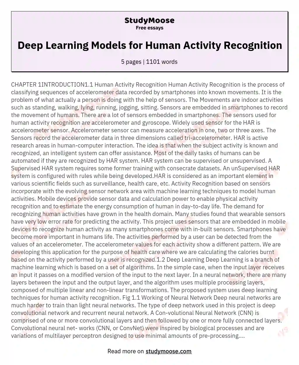 Deep Learning Models for Human Activity Recognition essay