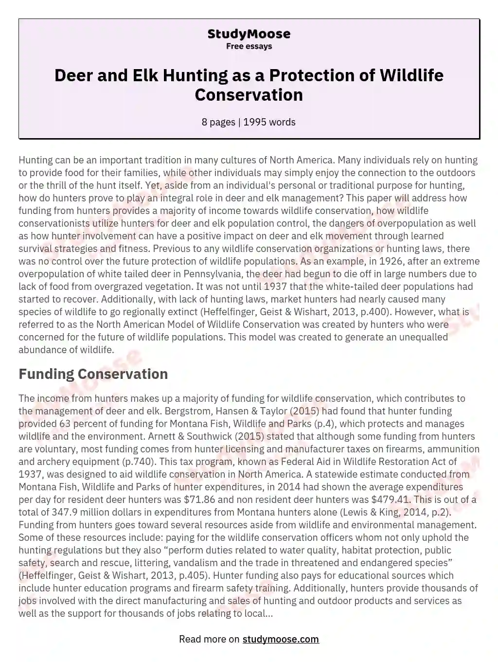 Deer and Elk Hunting as a Protection of Wildlife Conservation essay