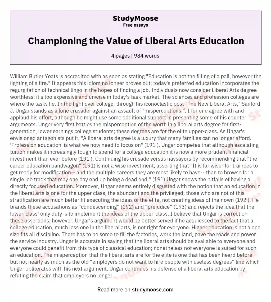 Championing the Value of Liberal Arts Education essay