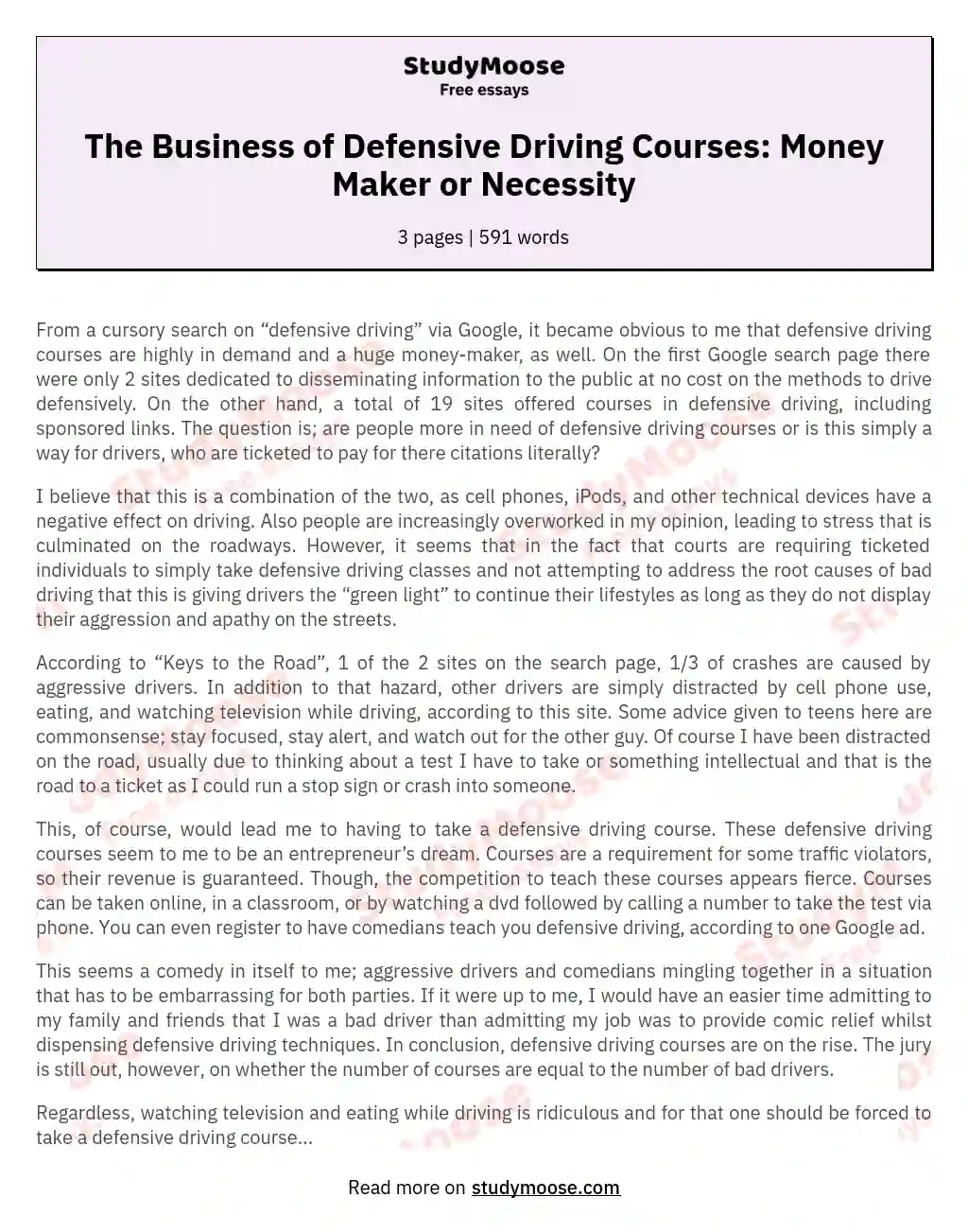 The Business of Defensive Driving Courses: Money Maker or Necessity essay