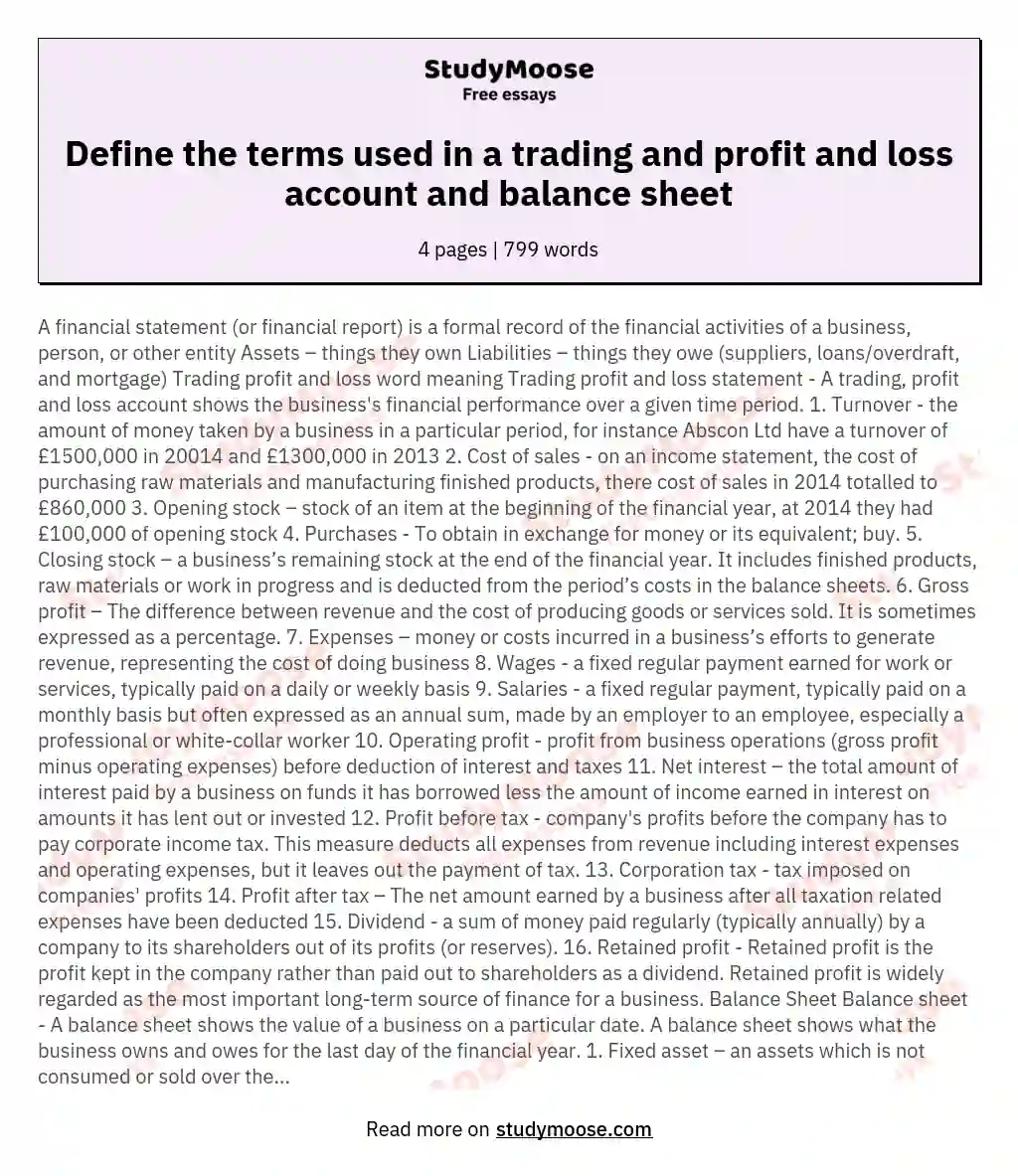 Define the terms used in a trading and profit and loss account and balance sheet