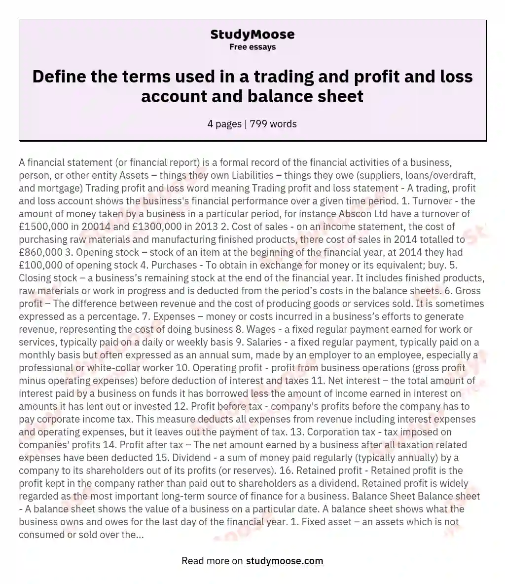 Define the terms used in a trading and profit and loss account and balance sheet essay