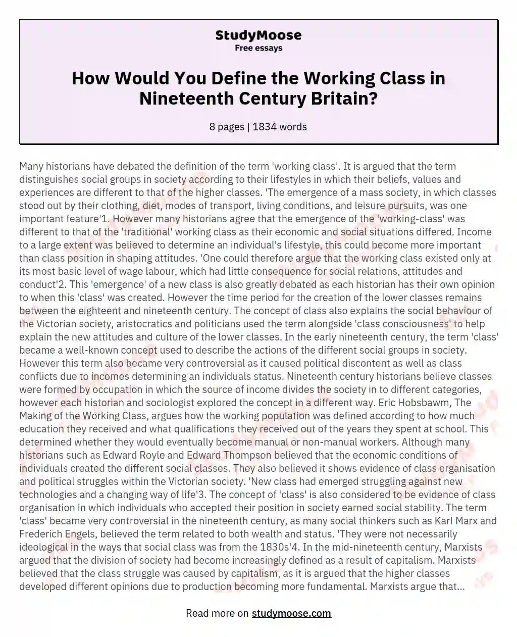How Would You Define the Working Class in Nineteenth Century Britain?