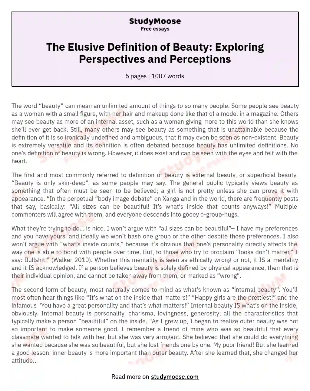 The Elusive Definition of Beauty: Exploring Perspectives and Perceptions essay