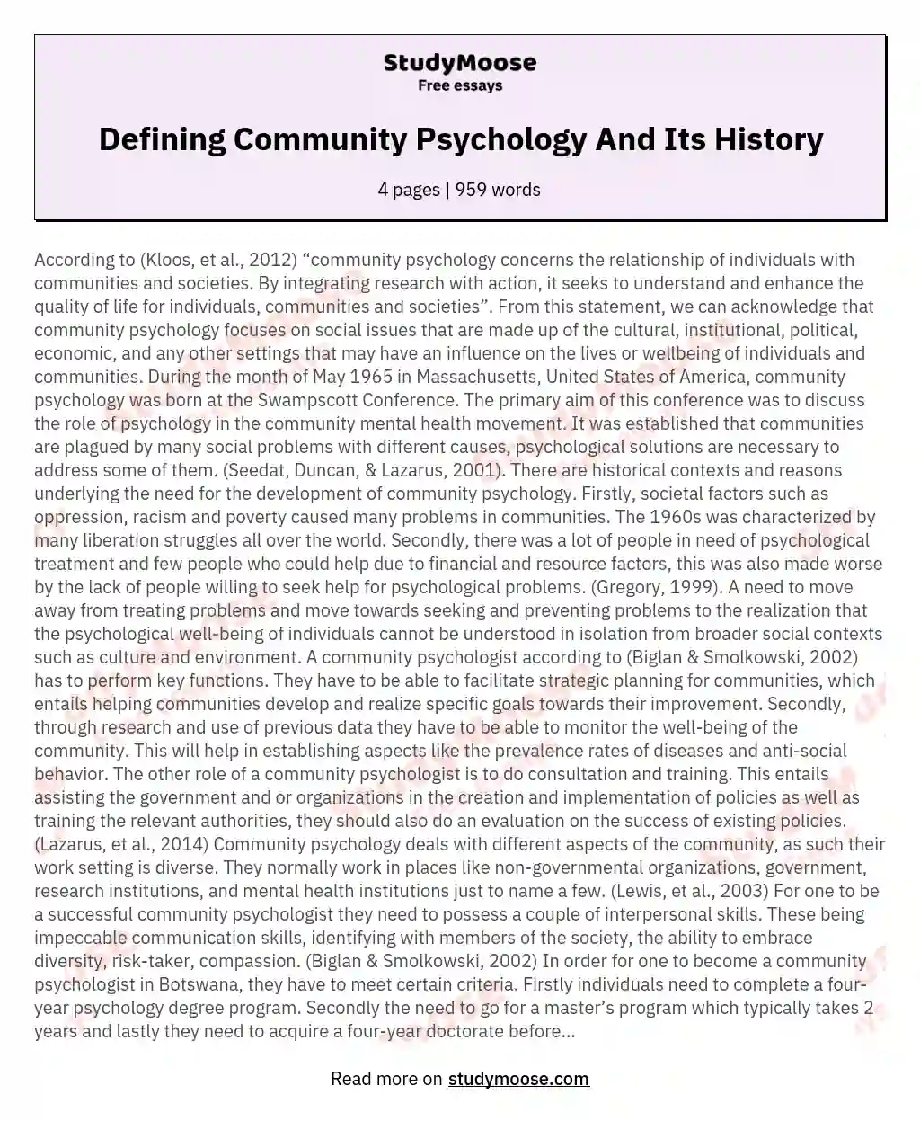 Defining Community Psychology And Its History essay