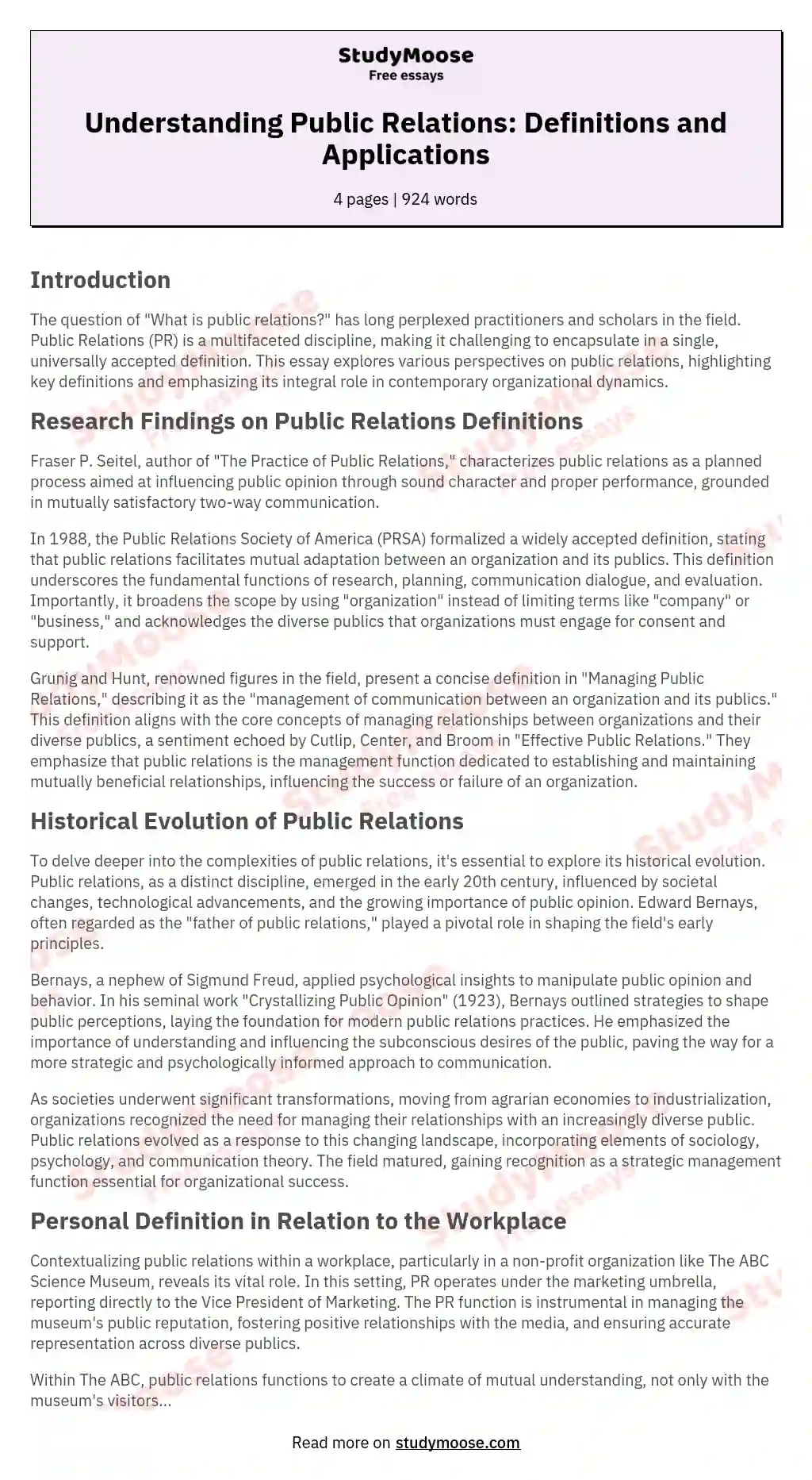 Understanding Public Relations: Definitions and Applications essay