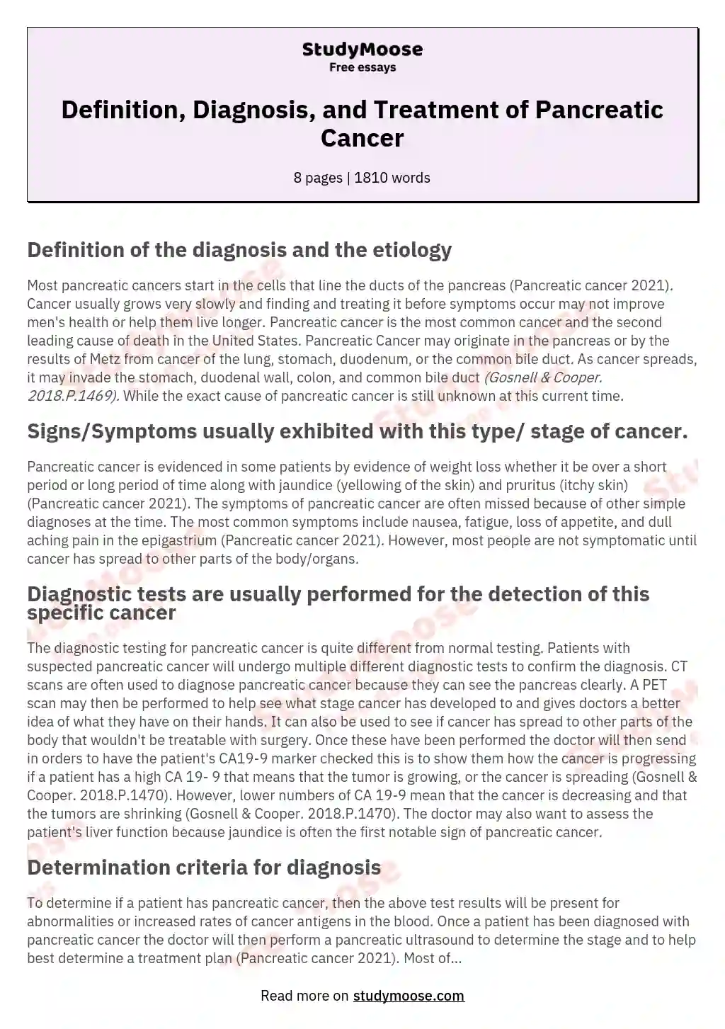 Definition, Diagnosis, and Treatment of Pancreatic Cancer essay