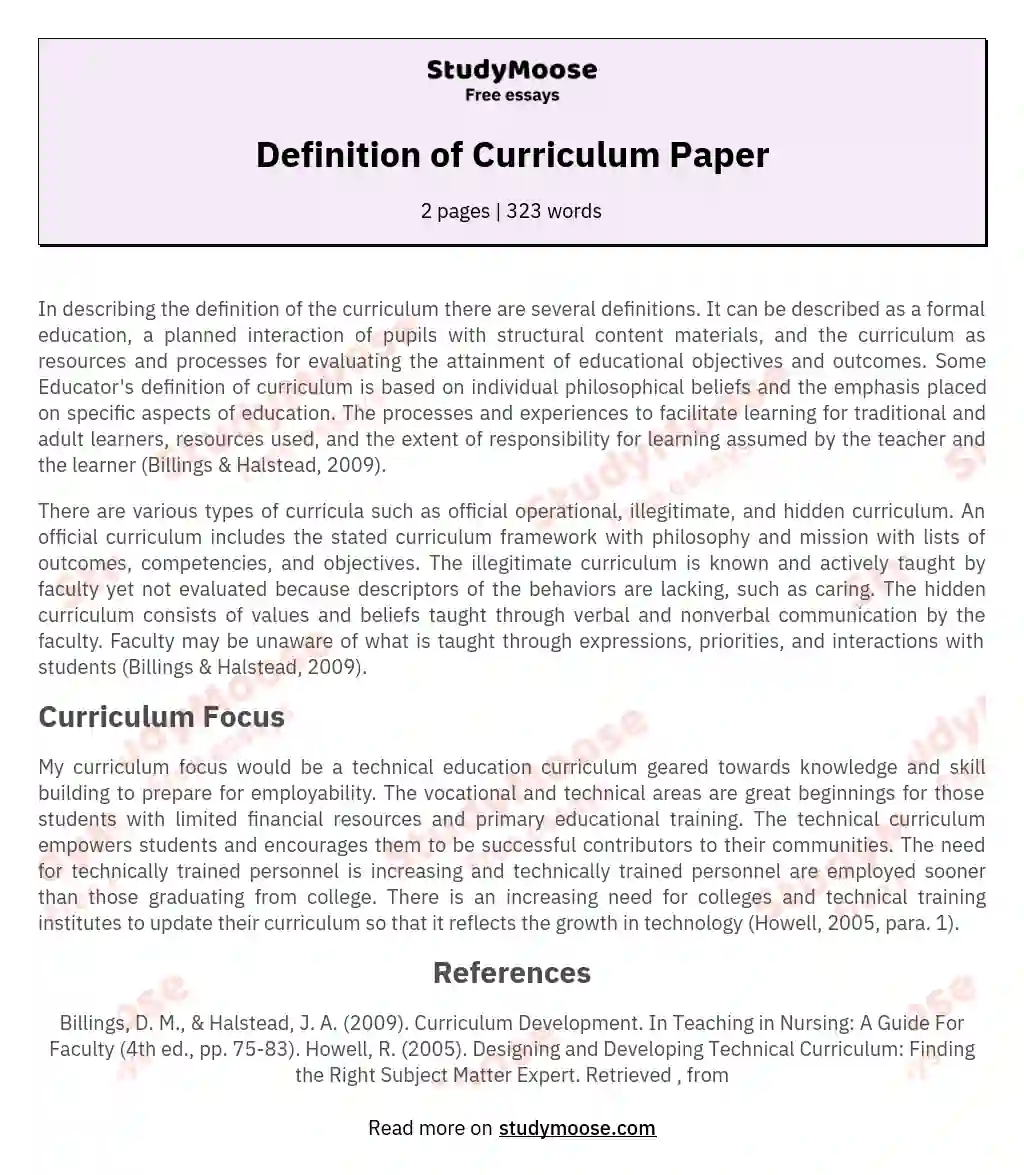 Definition of Curriculum Paper essay