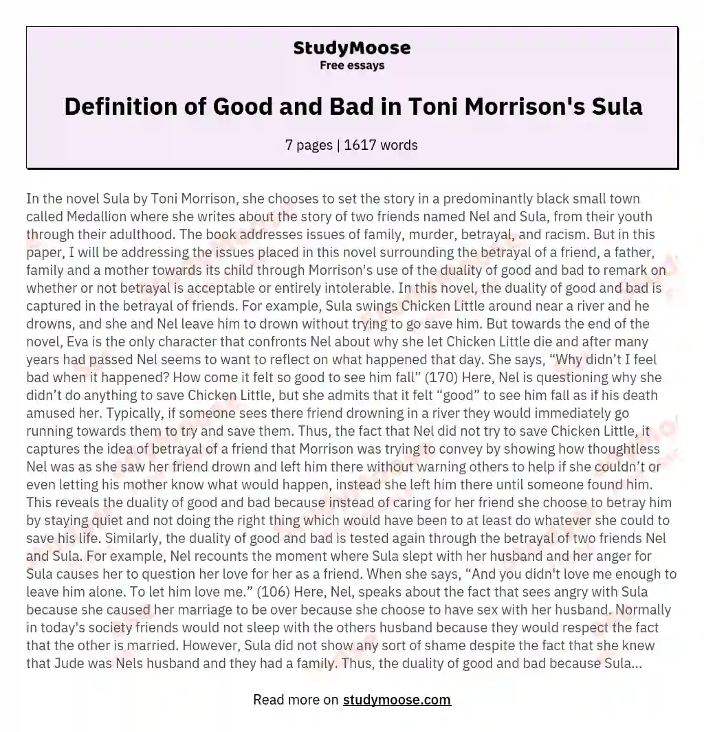 Definition of Good and Bad in Toni Morrison's Sula essay