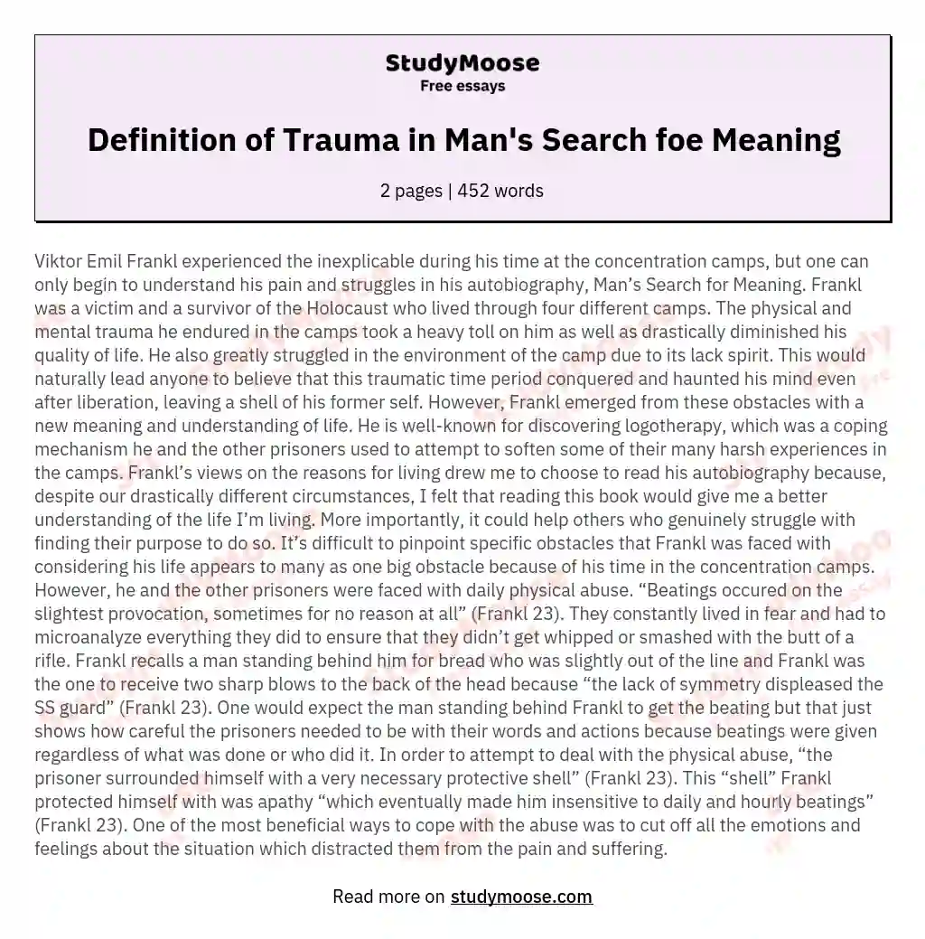 Definition of Trauma in Man's Search foe Meaning essay