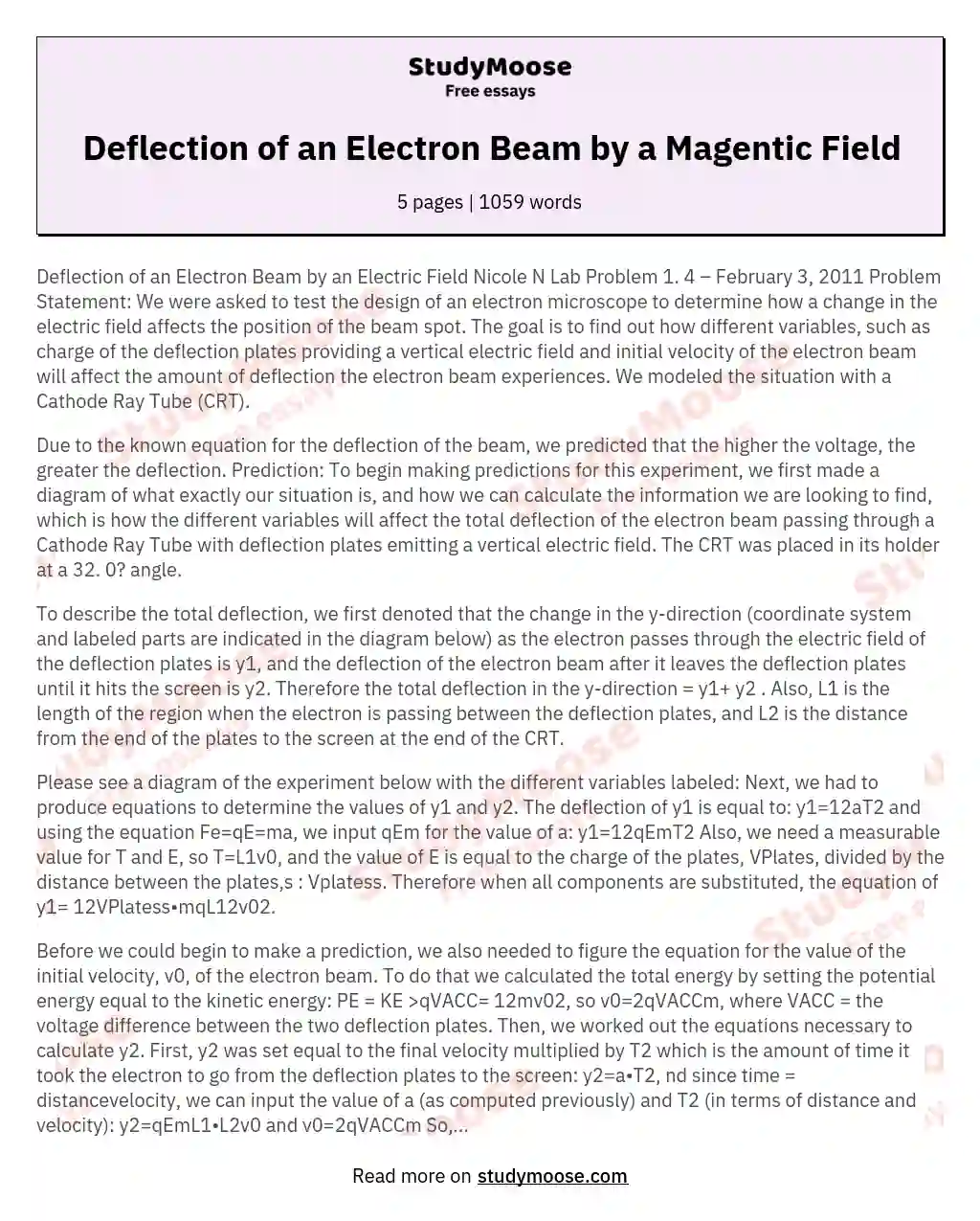 Deflection of an Electron Beam by a Magentic Field essay
