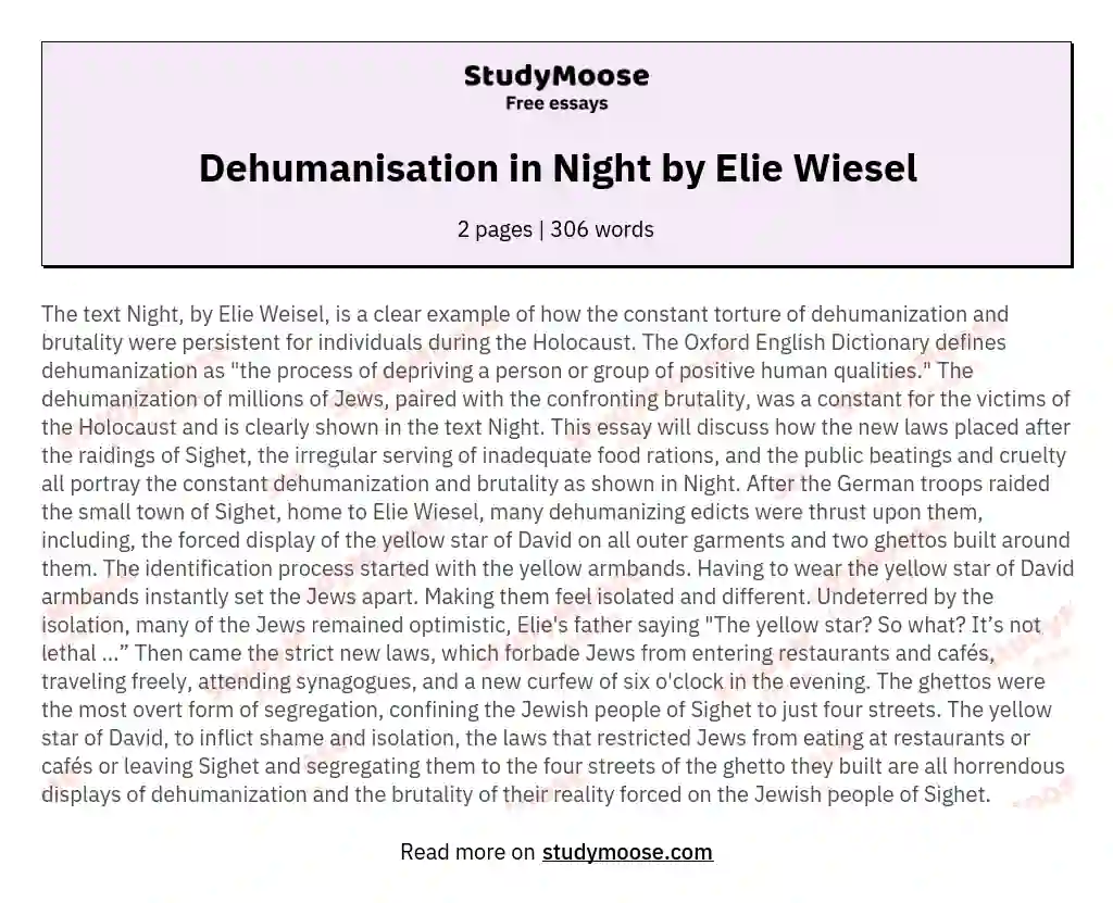 Dehumanisation in Night by Elie Wiesel