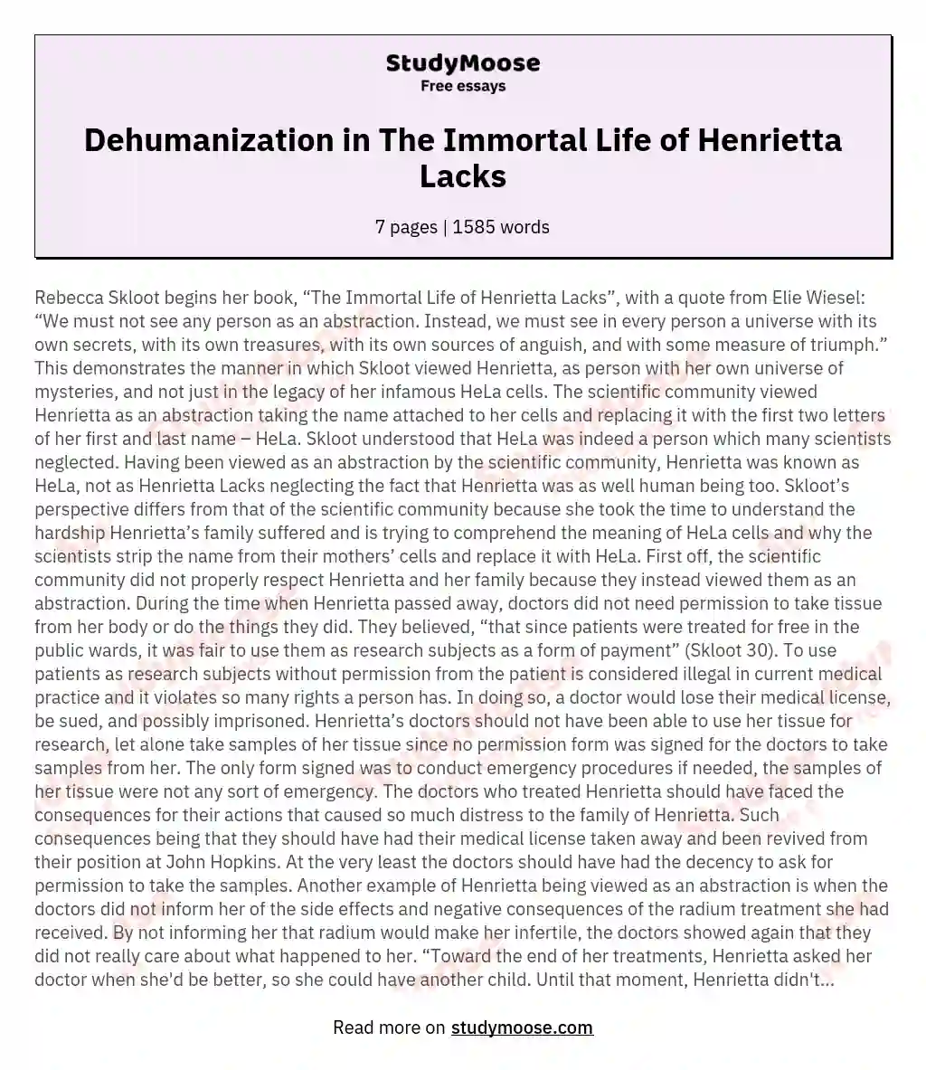 Dehumanization in The Immortal Life of Henrietta Lacks essay