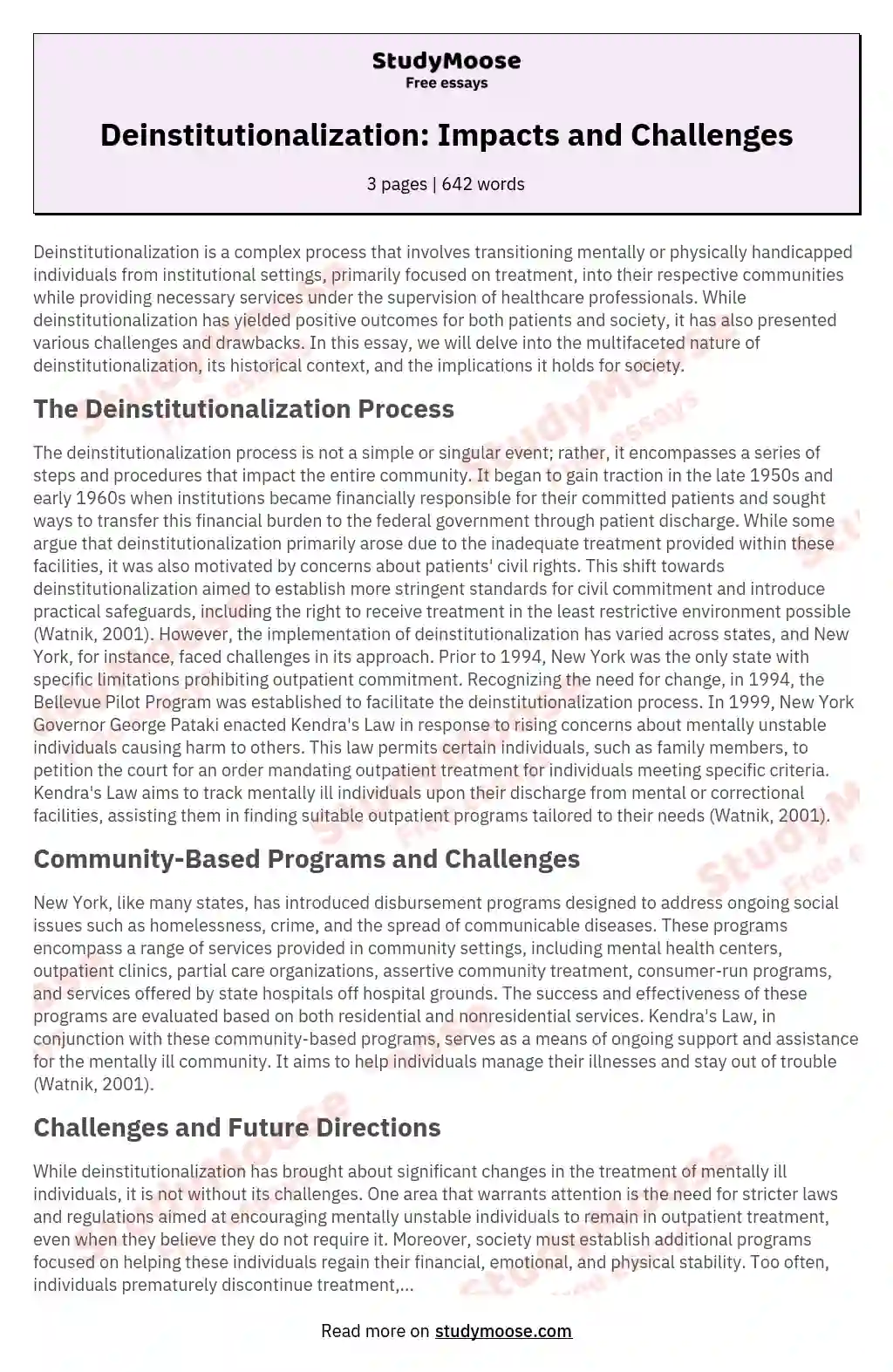 Deinstitutionalization: Impacts and Challenges essay