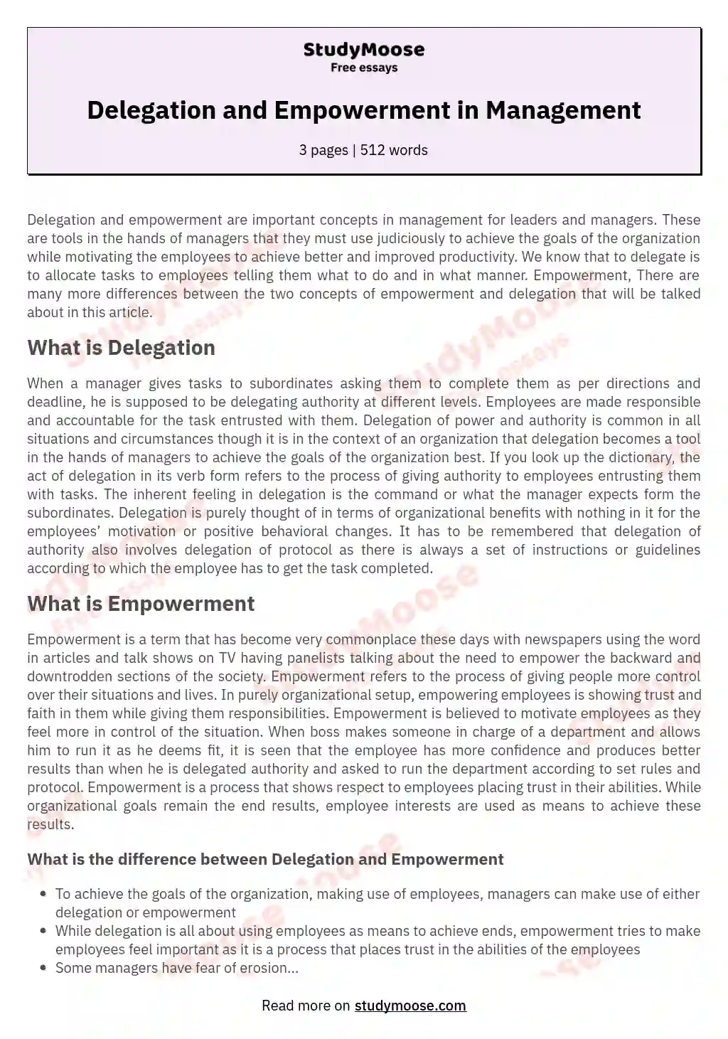 Delegation and Empowerment in Management essay