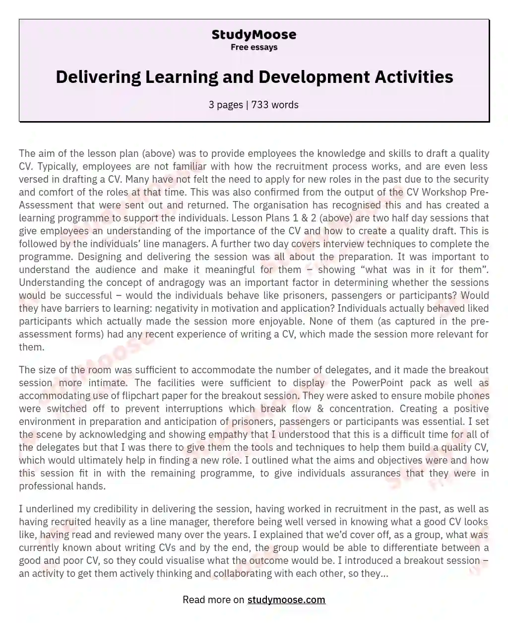 Delivering Learning and Development Activities essay