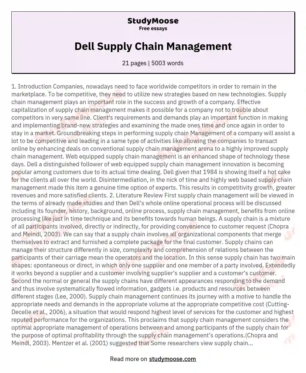 Dell Supply Chain Management essay