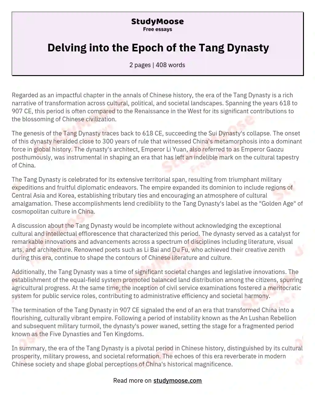 Delving into the Epoch of the Tang Dynasty essay