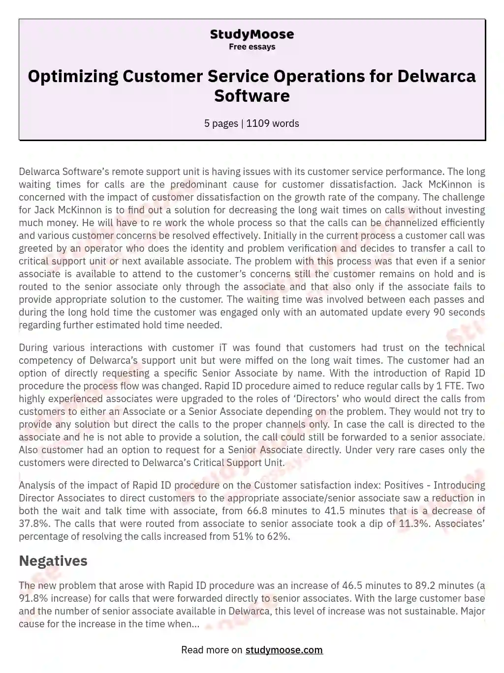 Optimizing Customer Service Operations for Delwarca Software essay